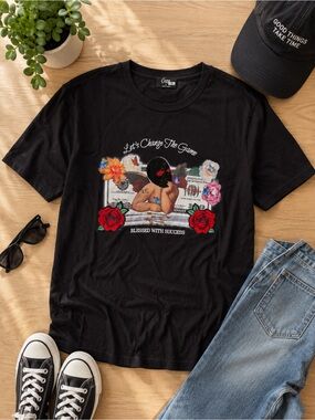 Camp “Let’s Change The Game” Graphic T-Shirt Large Black Roses Streetwear